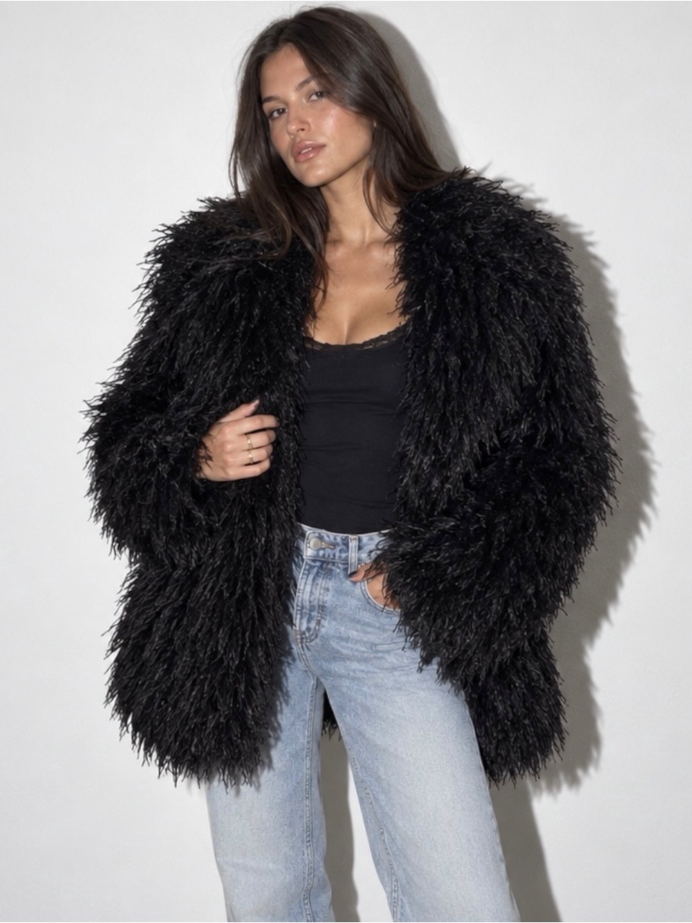 The Edie Faux-Fur Coat in Noir Black / L / NWT